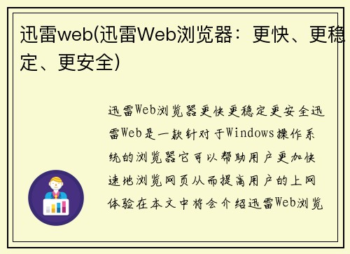 迅雷web(迅雷Web浏览器：更快、更稳定、更安全)